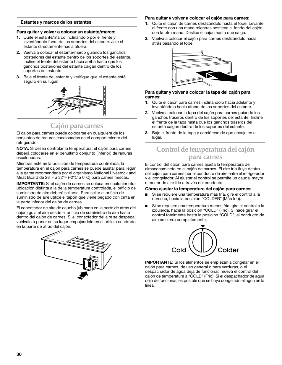 Cajón para carnes, Control de temperatura del cajón para carnes | KITCHENAID SIDE BY SIDEBUILT-IN REFRIGERATOR User Manual | Page 30 / 64