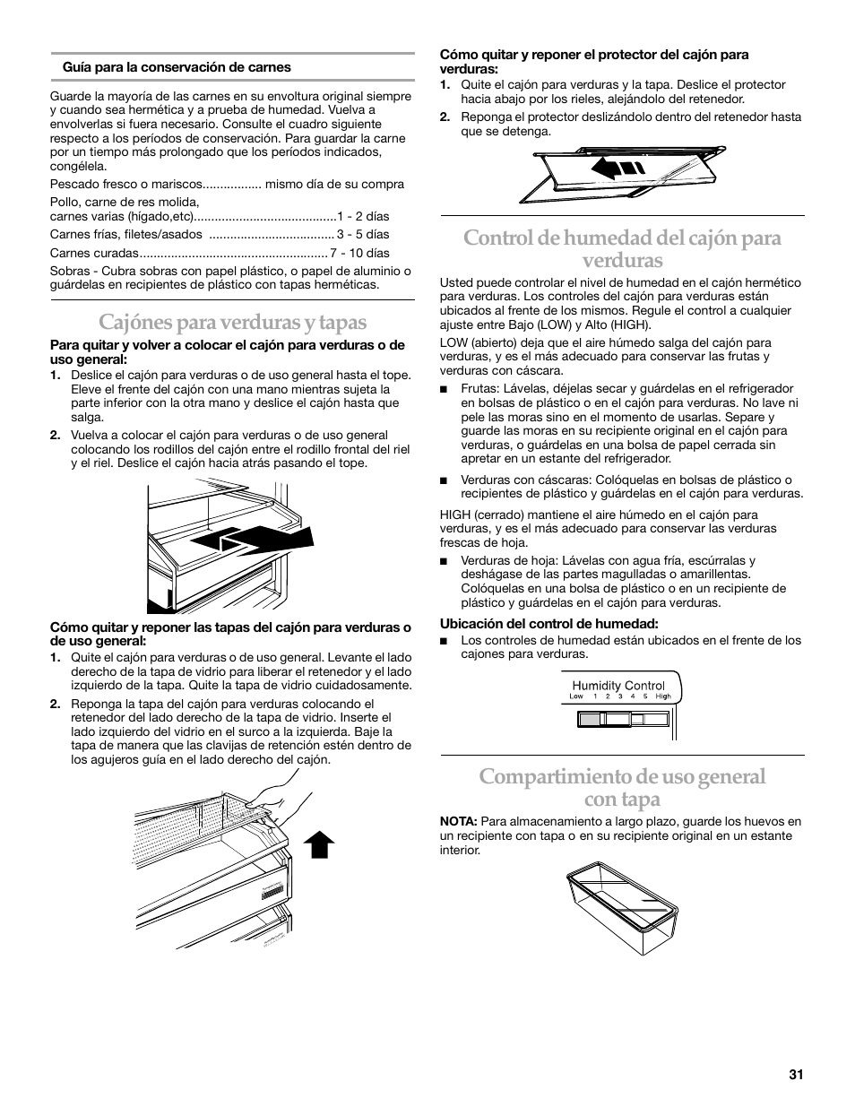 Cajónes para verduras y tapas, Control de humedad del cajón para verduras, Compartimiento de uso general con tapa | KITCHENAID SIDE BY SIDEBUILT-IN REFRIGERATOR User Manual | Page 31 / 64