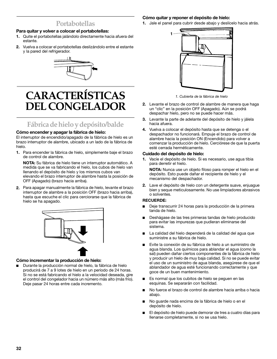 Características del congelador, Portabotellas, Fábrica de hielo y depósito/balde | KITCHENAID SIDE BY SIDEBUILT-IN REFRIGERATOR User Manual | Page 32 / 64