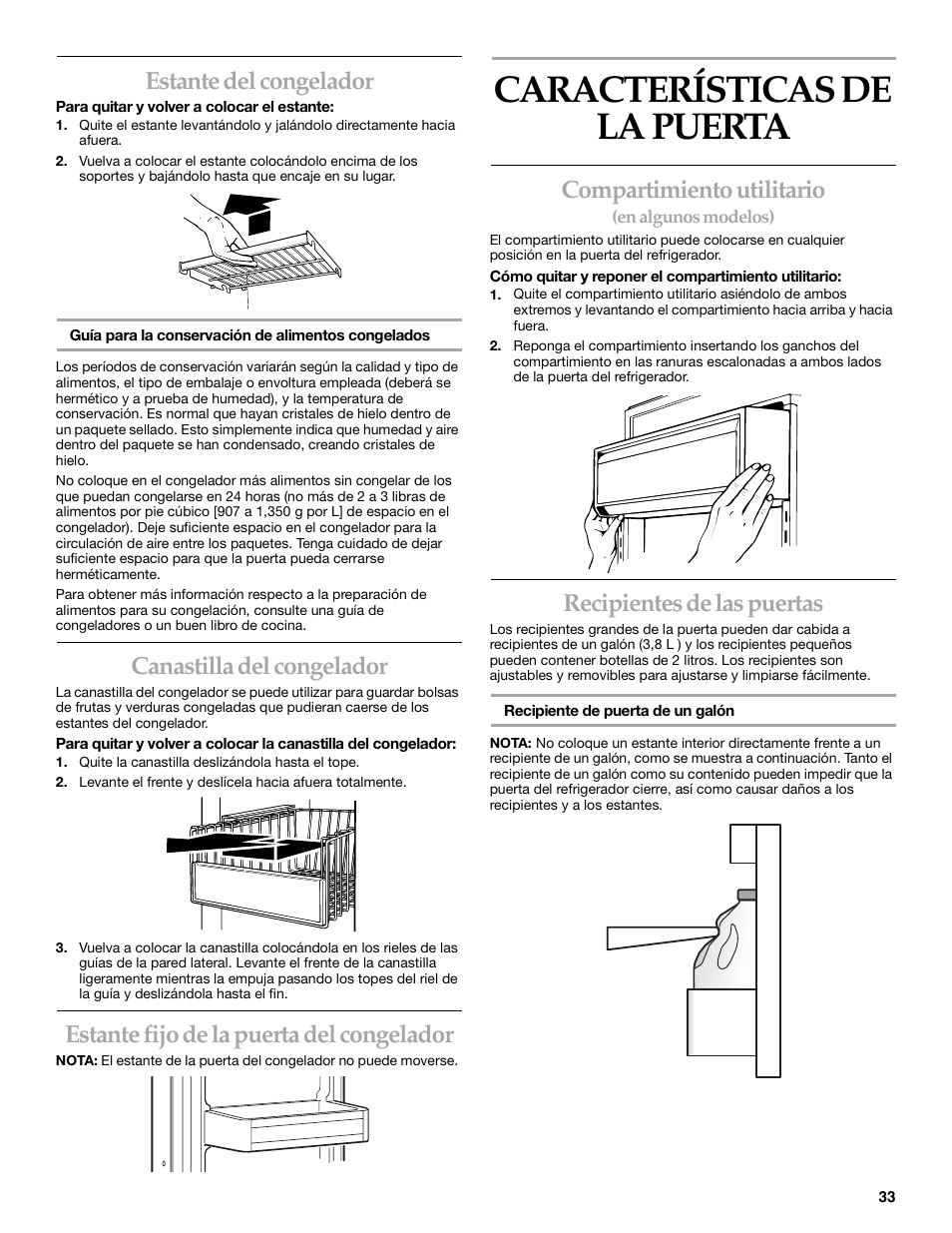 Características de puerta, Características de la puerta, Estante del congelador | Canastilla del congelador, Estante fijo de la puerta del congelador, Compartimiento utilitario, Recipientes de las puertas | KITCHENAID SIDE BY SIDEBUILT-IN REFRIGERATOR User Manual | Page 33 / 64