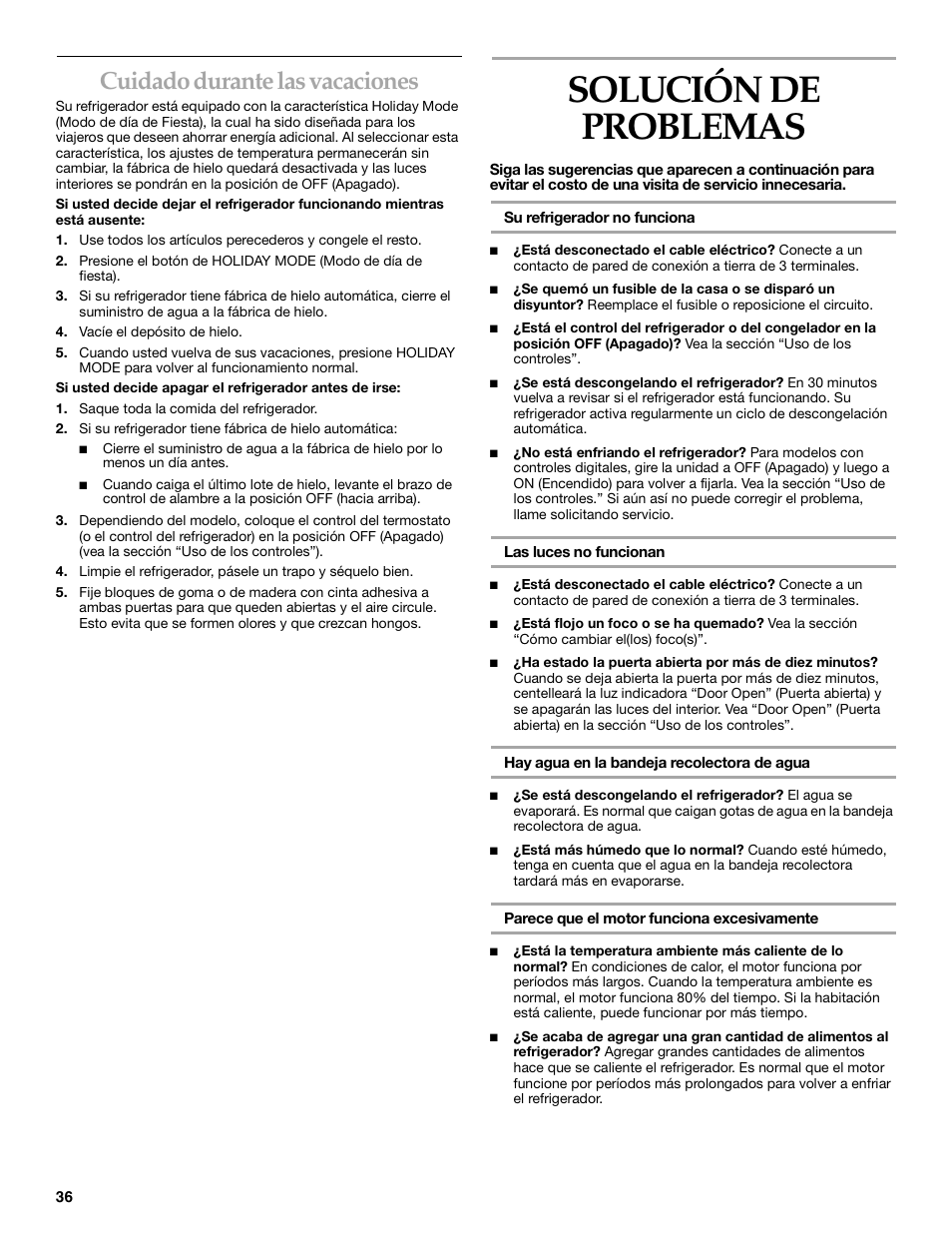 Solución de problemas, Cuidado durante las vacaciones | KITCHENAID SIDE BY SIDEBUILT-IN REFRIGERATOR User Manual | Page 36 / 64