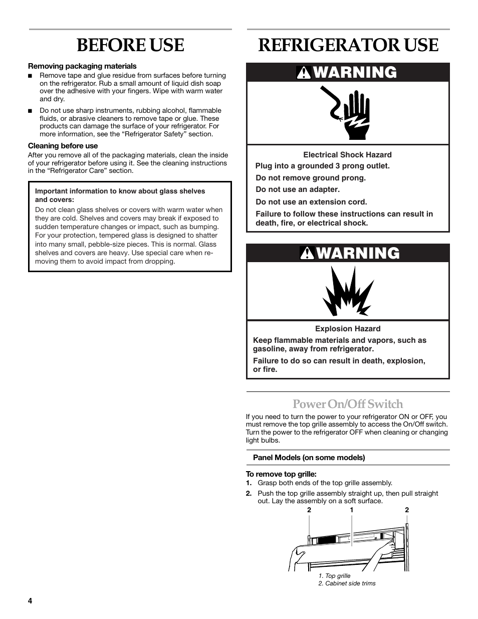 Before use, Refrigerator use, Power on/off switch | Warning | KITCHENAID SIDE BY SIDEBUILT-IN REFRIGERATOR User Manual | Page 4 / 64