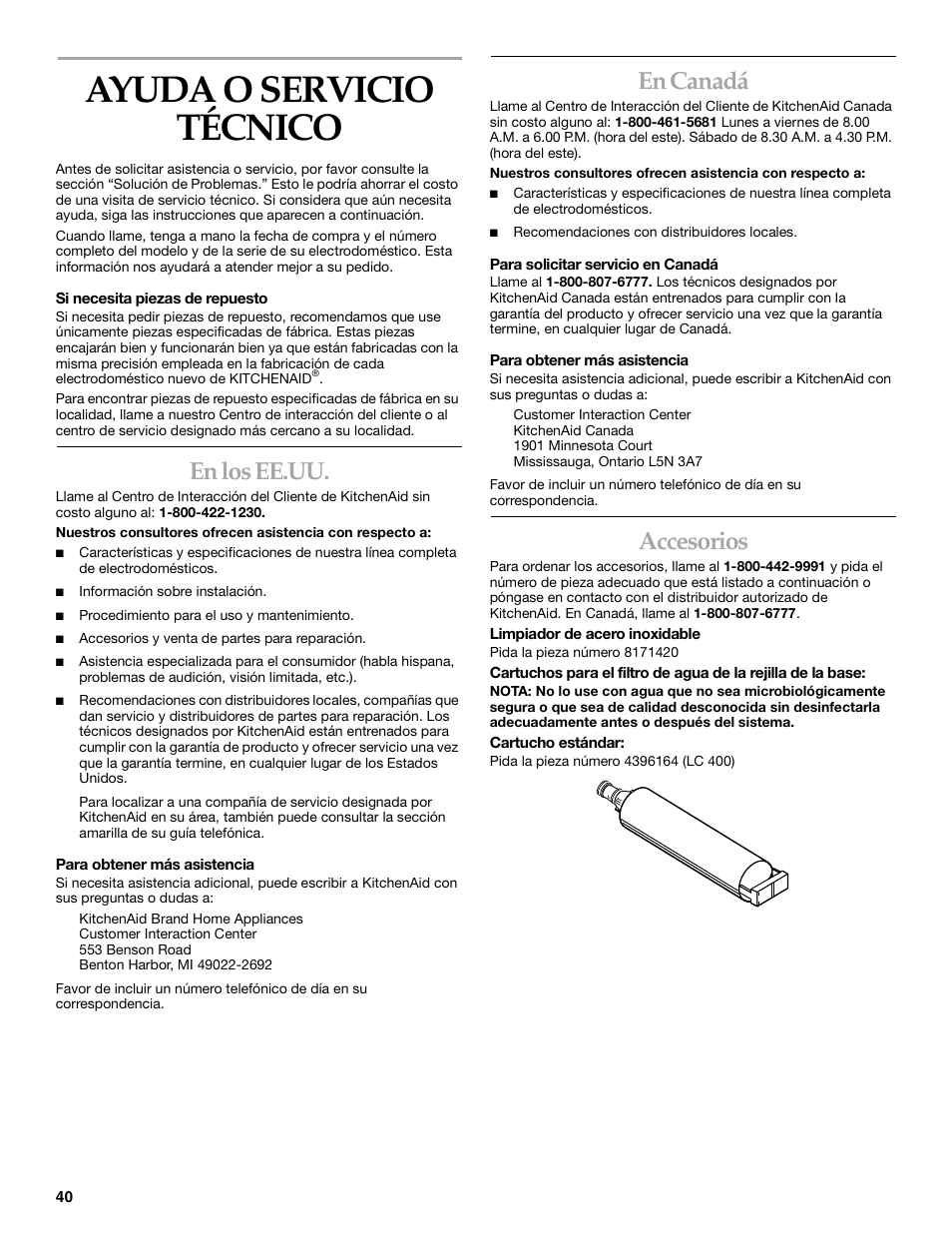 Ayuda o servicio tecnico, Ayuda o servicio técnico, En los ee.uu | En canadá, Accesorios | KITCHENAID SIDE BY SIDEBUILT-IN REFRIGERATOR User Manual | Page 40 / 64
