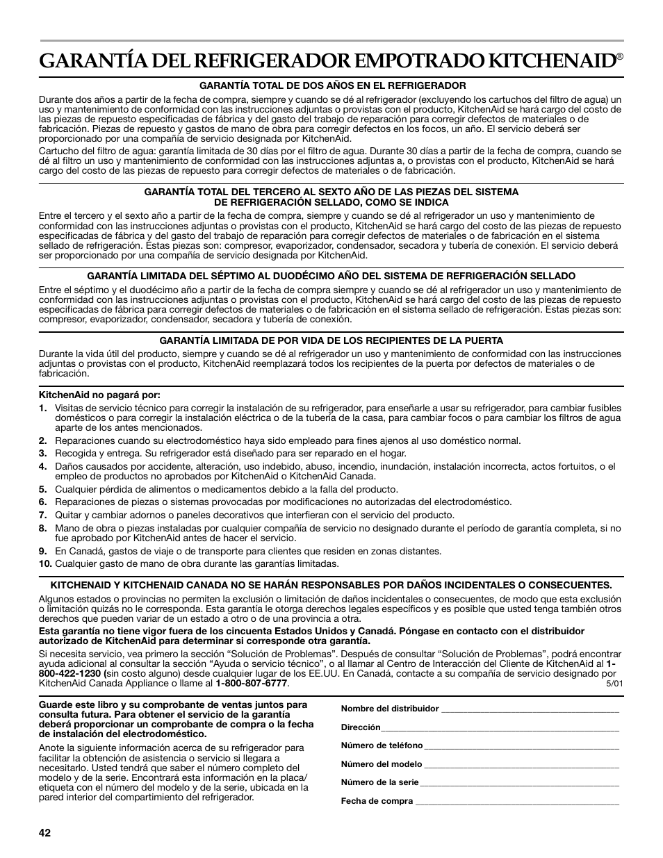 Garantía, Garantía del refrigerador empotrado kitchenaid | KITCHENAID SIDE BY SIDEBUILT-IN REFRIGERATOR User Manual | Page 42 / 64