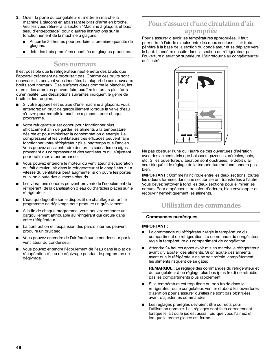 Sons normaux, Pour s’assurer d’une circulation d’air appropriée, Utilisation des commandes | KITCHENAID SIDE BY SIDEBUILT-IN REFRIGERATOR User Manual | Page 46 / 64