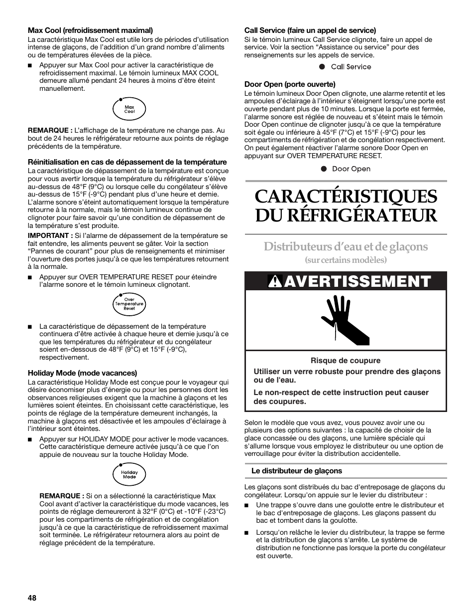 Caractéristiques du refrigerateur, Caractéristiques du réfrigérateur, Avertissement | Distributeurs d’eau et de glaçons | KITCHENAID SIDE BY SIDEBUILT-IN REFRIGERATOR User Manual | Page 48 / 64