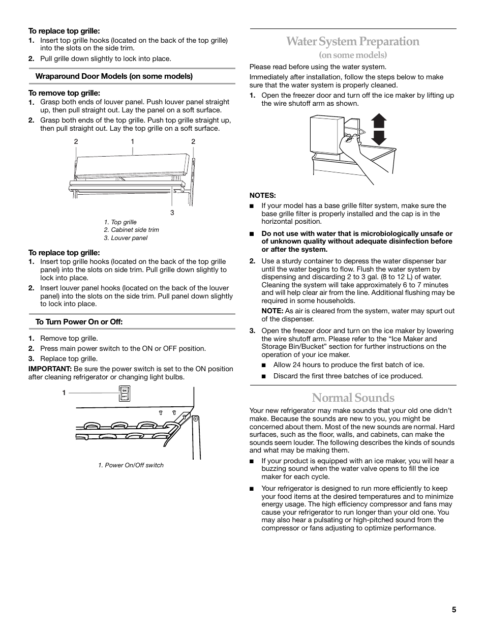 Water system preparation, Normal sounds, On some models) | KITCHENAID SIDE BY SIDEBUILT-IN REFRIGERATOR User Manual | Page 5 / 64