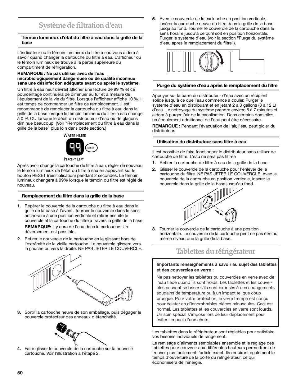 Système de filtration d'eau, Tablettes du réfrigérateur | KITCHENAID SIDE BY SIDEBUILT-IN REFRIGERATOR User Manual | Page 50 / 64