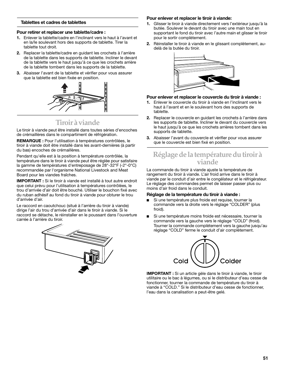 Tiroir à viande, Réglage de la température du tiroir à viande | KITCHENAID SIDE BY SIDEBUILT-IN REFRIGERATOR User Manual | Page 51 / 64