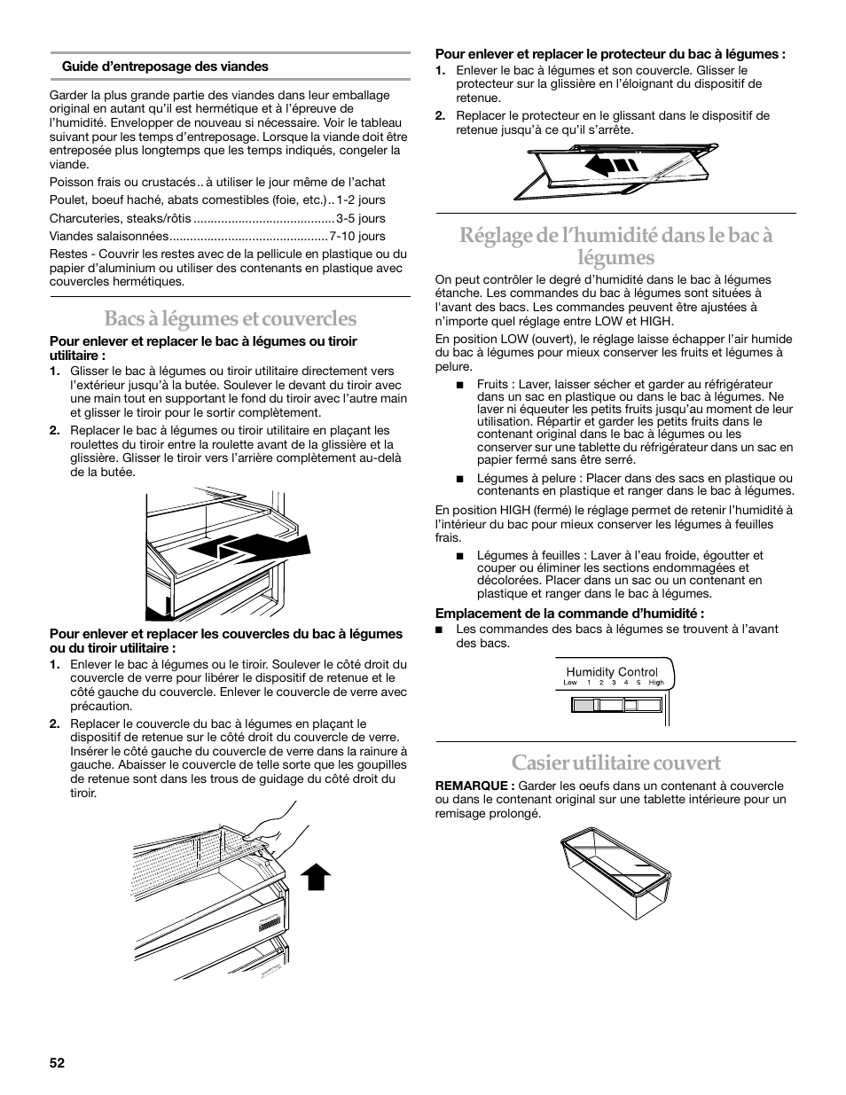 Bacs à légumes et couvercles, Réglage de l’humidité dans le bac à légumes, Casier utilitaire couvert | KITCHENAID SIDE BY SIDEBUILT-IN REFRIGERATOR User Manual | Page 52 / 64