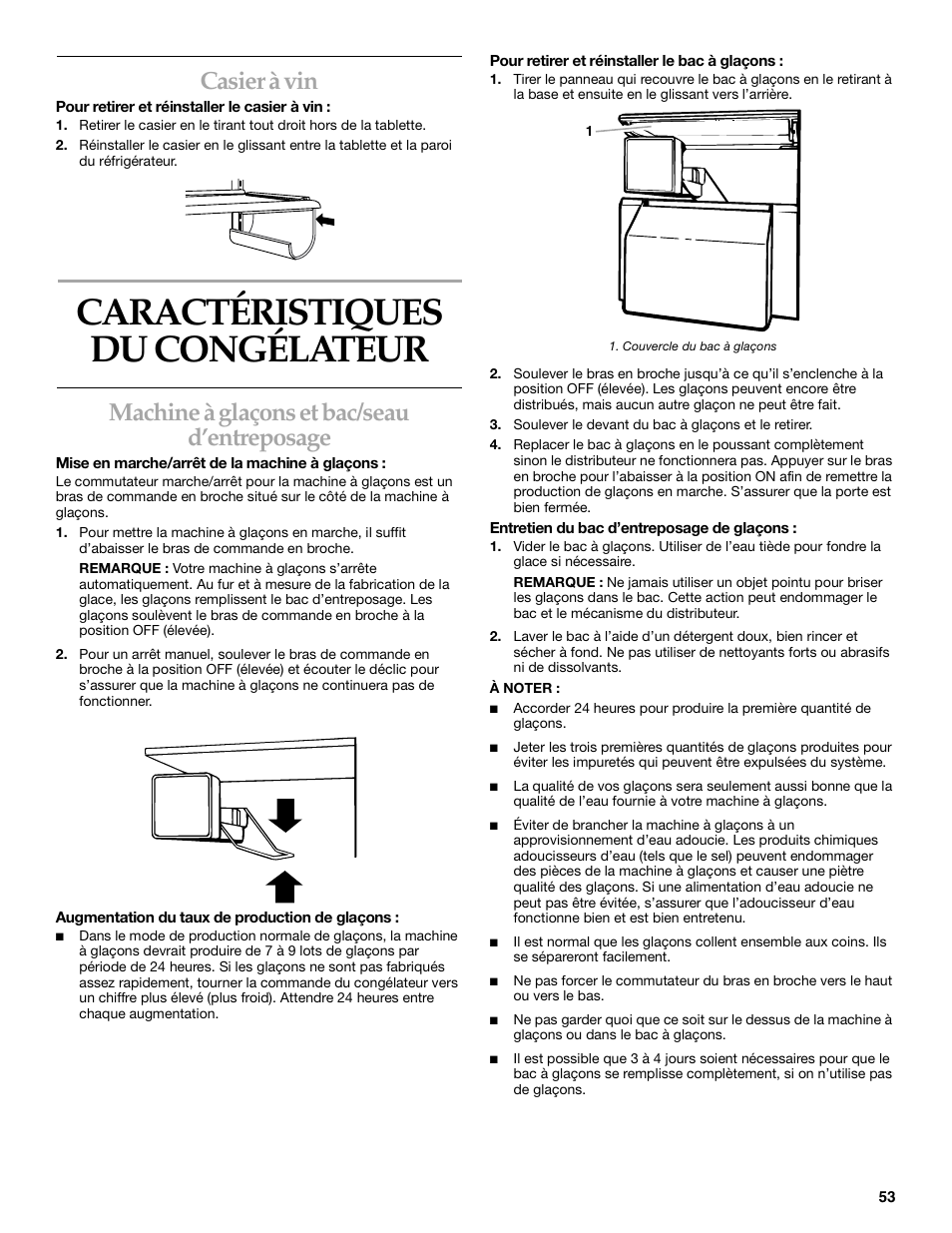 Caractéristiques du congelateur, Caractéristiques du congélateur, Casier à vin | Machine à glaçons et bac/seau d’entreposage | KITCHENAID SIDE BY SIDEBUILT-IN REFRIGERATOR User Manual | Page 53 / 64