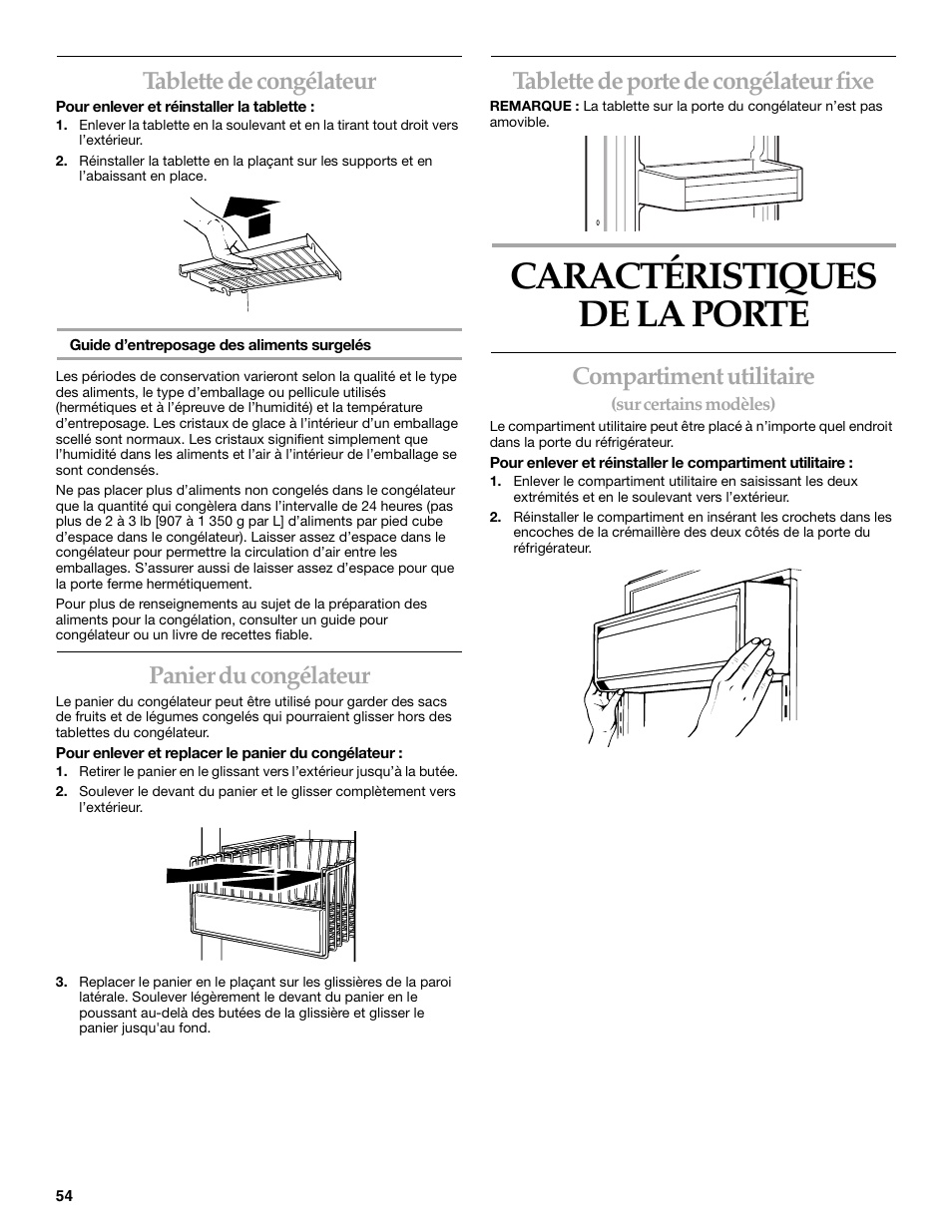 Caractéristiques de la porte, Tablette de congélateur, Panier du congélateur | Tablette de porte de congélateur fixe, Compartiment utilitaire | KITCHENAID SIDE BY SIDEBUILT-IN REFRIGERATOR User Manual | Page 54 / 64