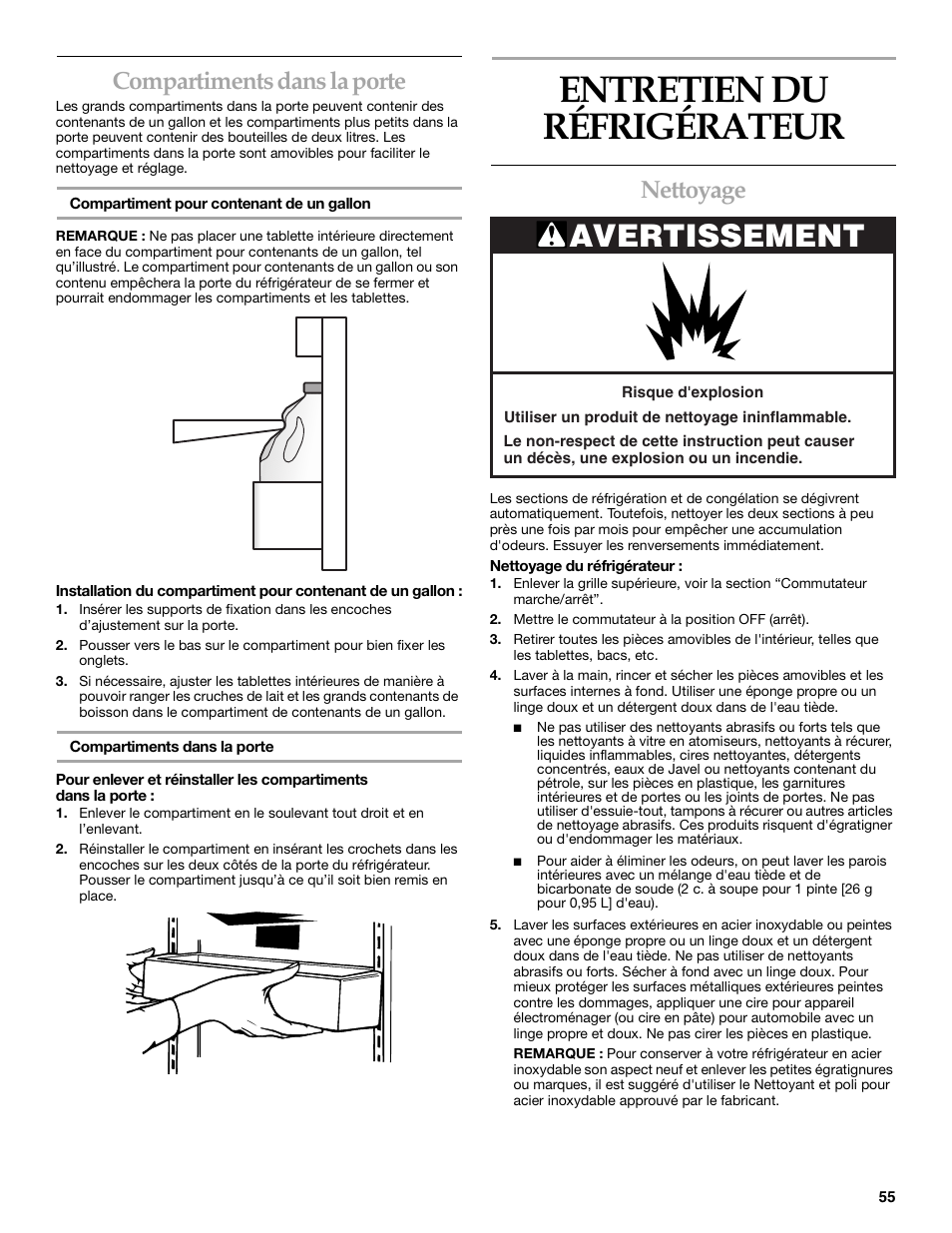 Entretien du refrigerateur, Entretien du réfrigérateur, Avertissement | Compartiments dans la porte, Nettoyage | KITCHENAID SIDE BY SIDEBUILT-IN REFRIGERATOR User Manual | Page 55 / 64