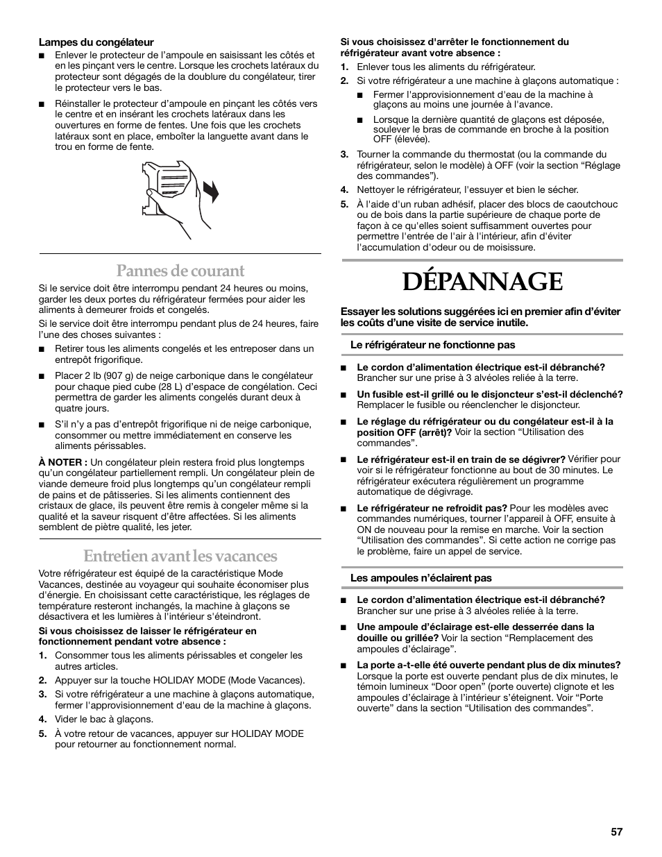 Dépannage, Pannes de courant, Entretien avant les vacances | KITCHENAID SIDE BY SIDEBUILT-IN REFRIGERATOR User Manual | Page 57 / 64