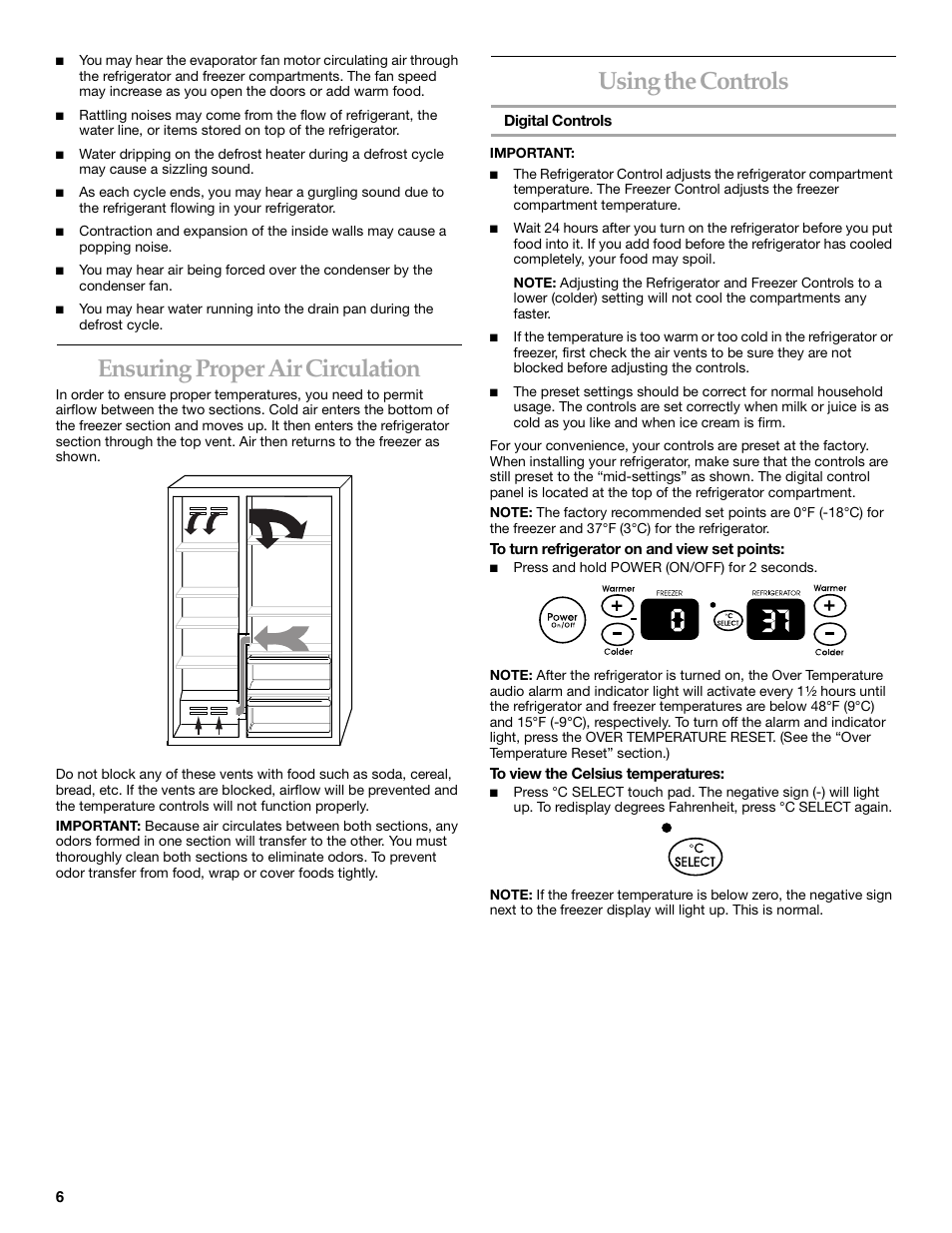 Using the controls, Ensuring proper air circulation | KITCHENAID SIDE BY SIDEBUILT-IN REFRIGERATOR User Manual | Page 6 / 64