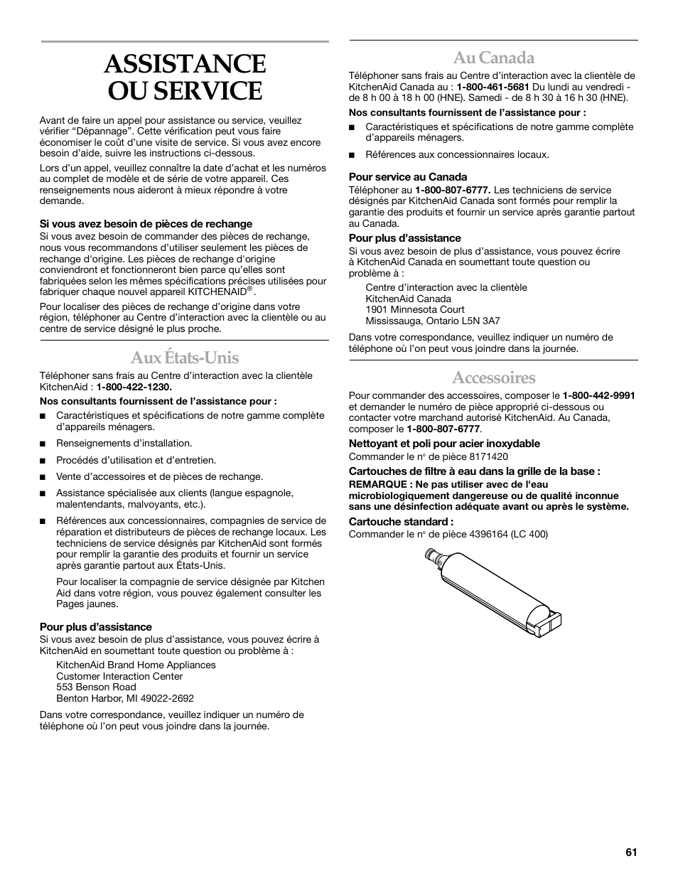 Assistance ou service, Aux états-unis, Au canada | Accessoires | KITCHENAID SIDE BY SIDEBUILT-IN REFRIGERATOR User Manual | Page 61 / 64