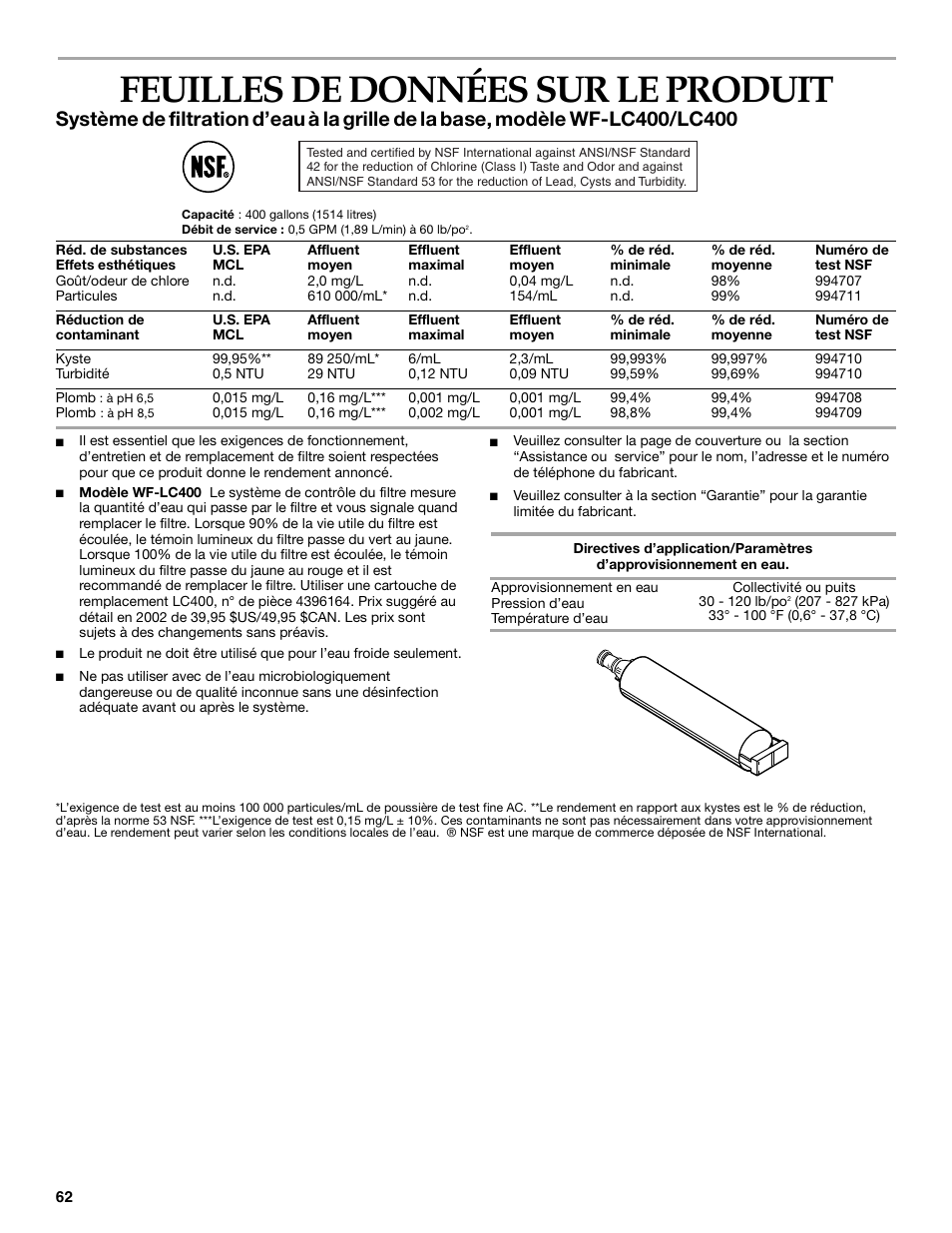 Feuillesde donnéessur leproduit, Feuilles de données sur le produit, Système | Filtration, D’eau, Grille, Base, Modèle | KITCHENAID SIDE BY SIDEBUILT-IN REFRIGERATOR User Manual | Page 62 / 64