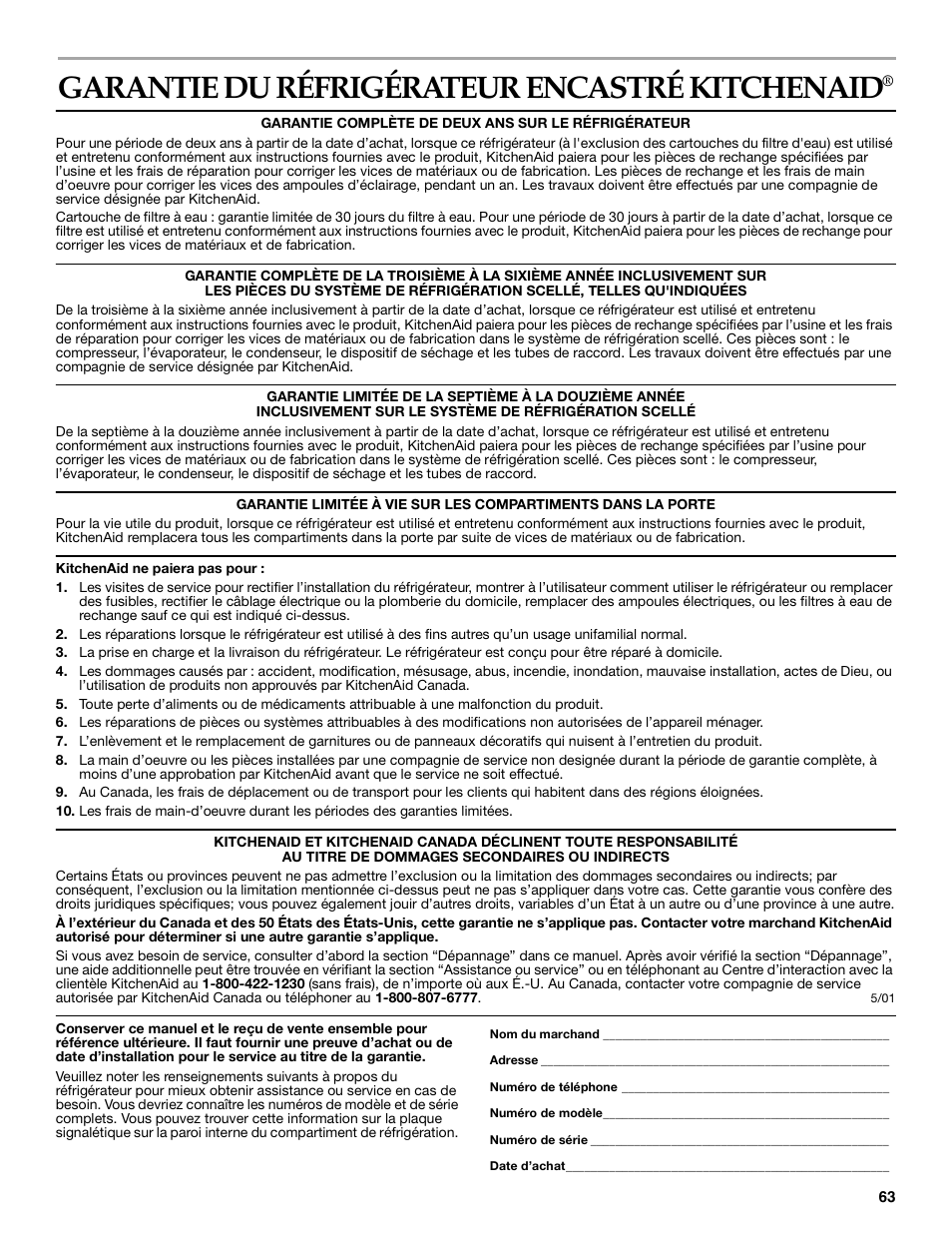 Garantie, Garantie du réfrigérateur encastré kitchenaid | KITCHENAID SIDE BY SIDEBUILT-IN REFRIGERATOR User Manual | Page 63 / 64