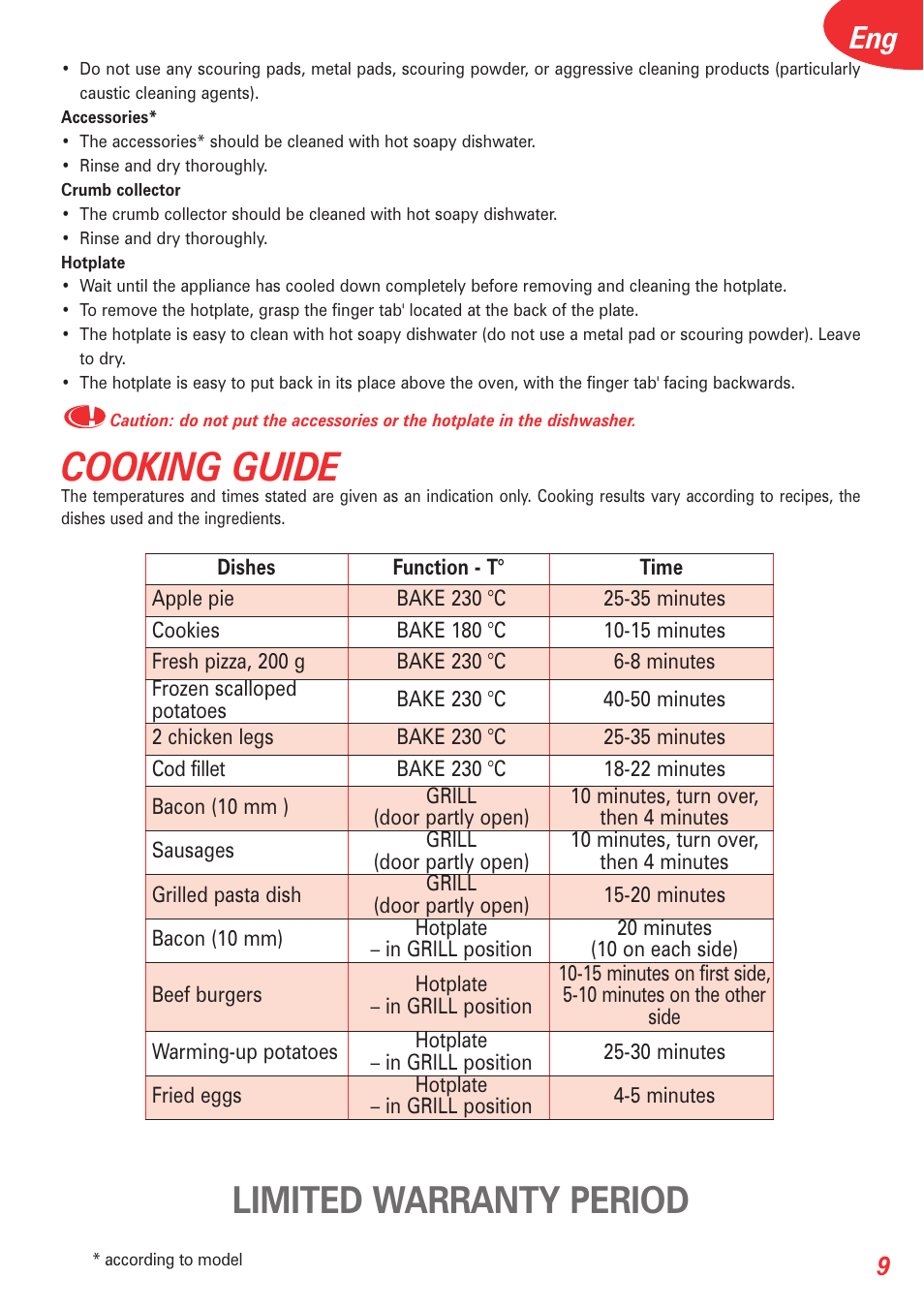 Cooking guide, Limited warranty period | Tefal OT 208030 User Manual | Page 10 / 64
