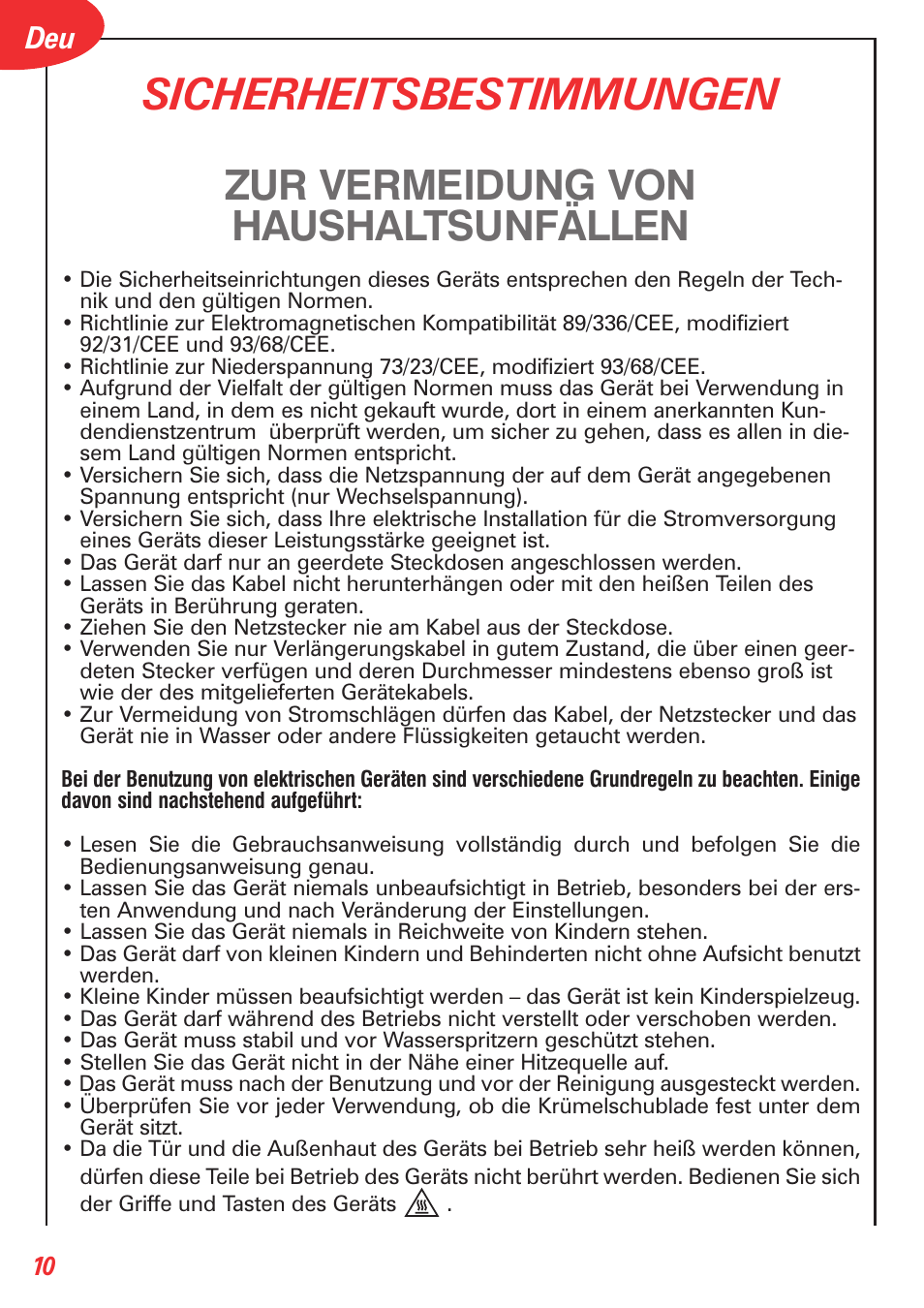 Sicherheitsbestimmungen, Zur vermeidung von haushaltsunfällen | Tefal OT 208030 User Manual | Page 11 / 64