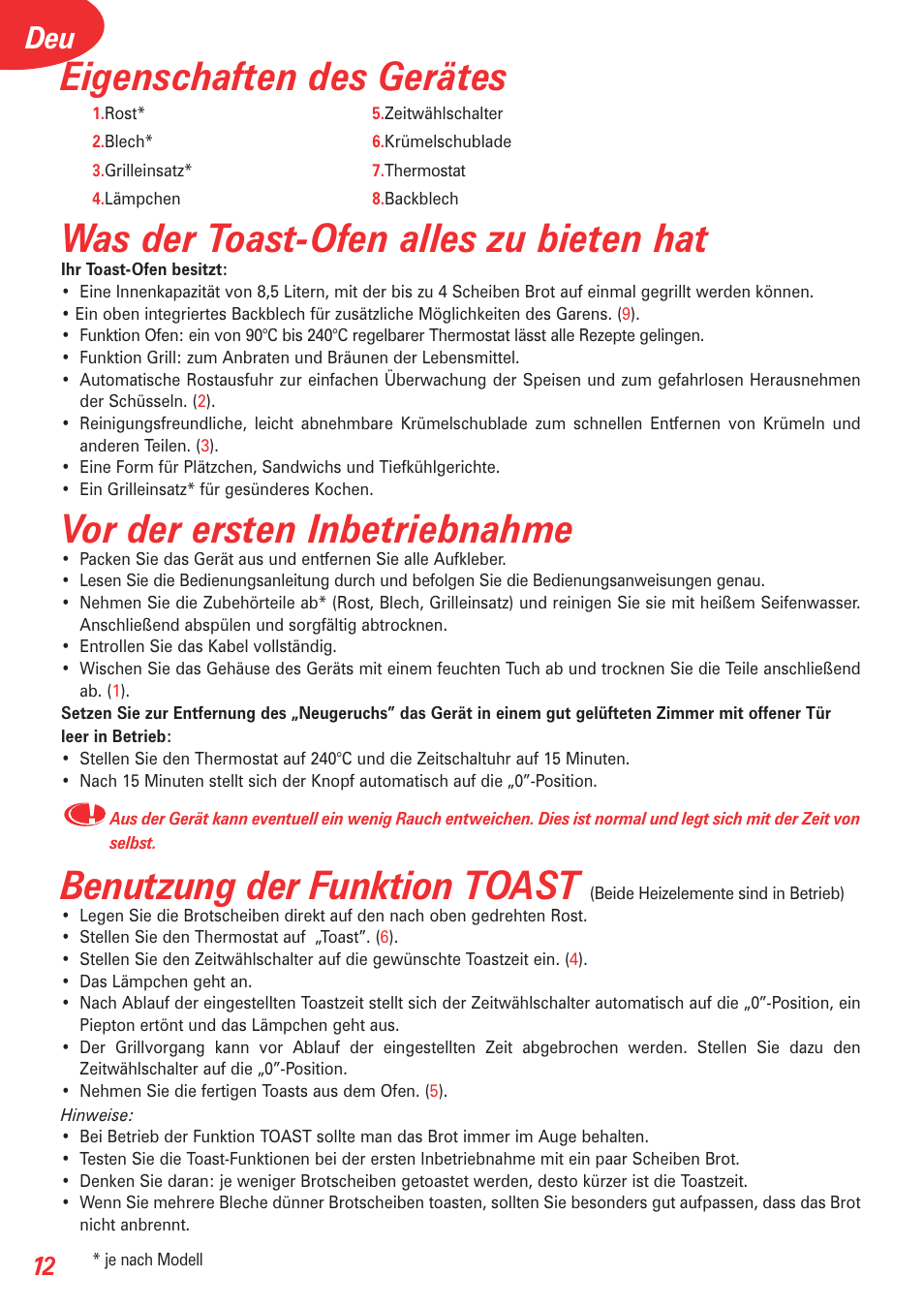 Eigenschaften des gerätes, Was der toast-ofen alles zu bieten hat, Vor der ersten inbetriebnahme | Benutzung der funktion toast | Tefal OT 208030 User Manual | Page 13 / 64