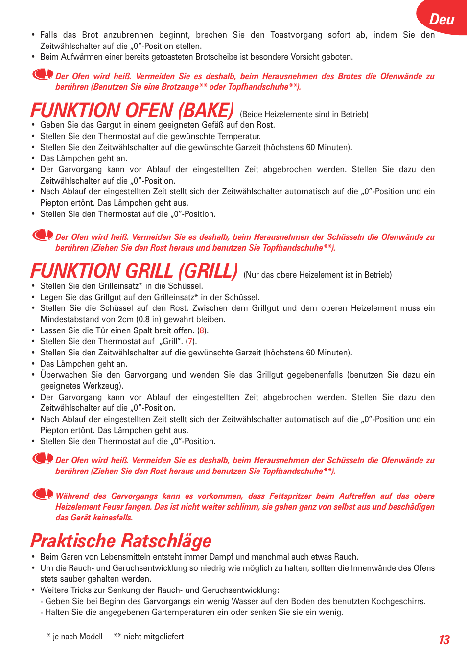 Funktion ofen (bake), Funktion grill (grill), Praktische ratschläge | Tefal OT 208030 User Manual | Page 14 / 64