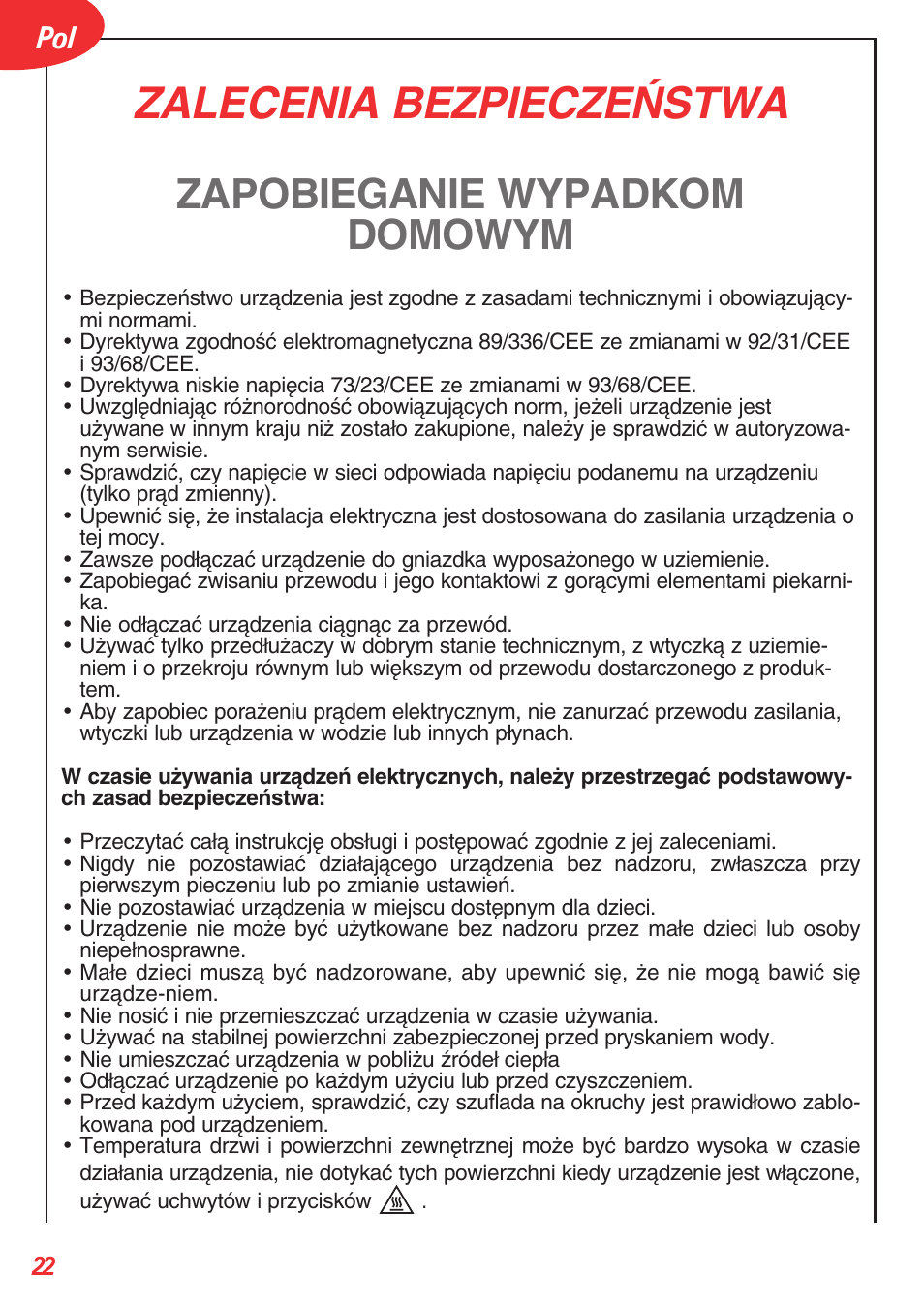 Zalecenia bezpiecze¡stwa, Zapobieganie wypadkom domowym | Tefal OT 208030 User Manual | Page 23 / 64