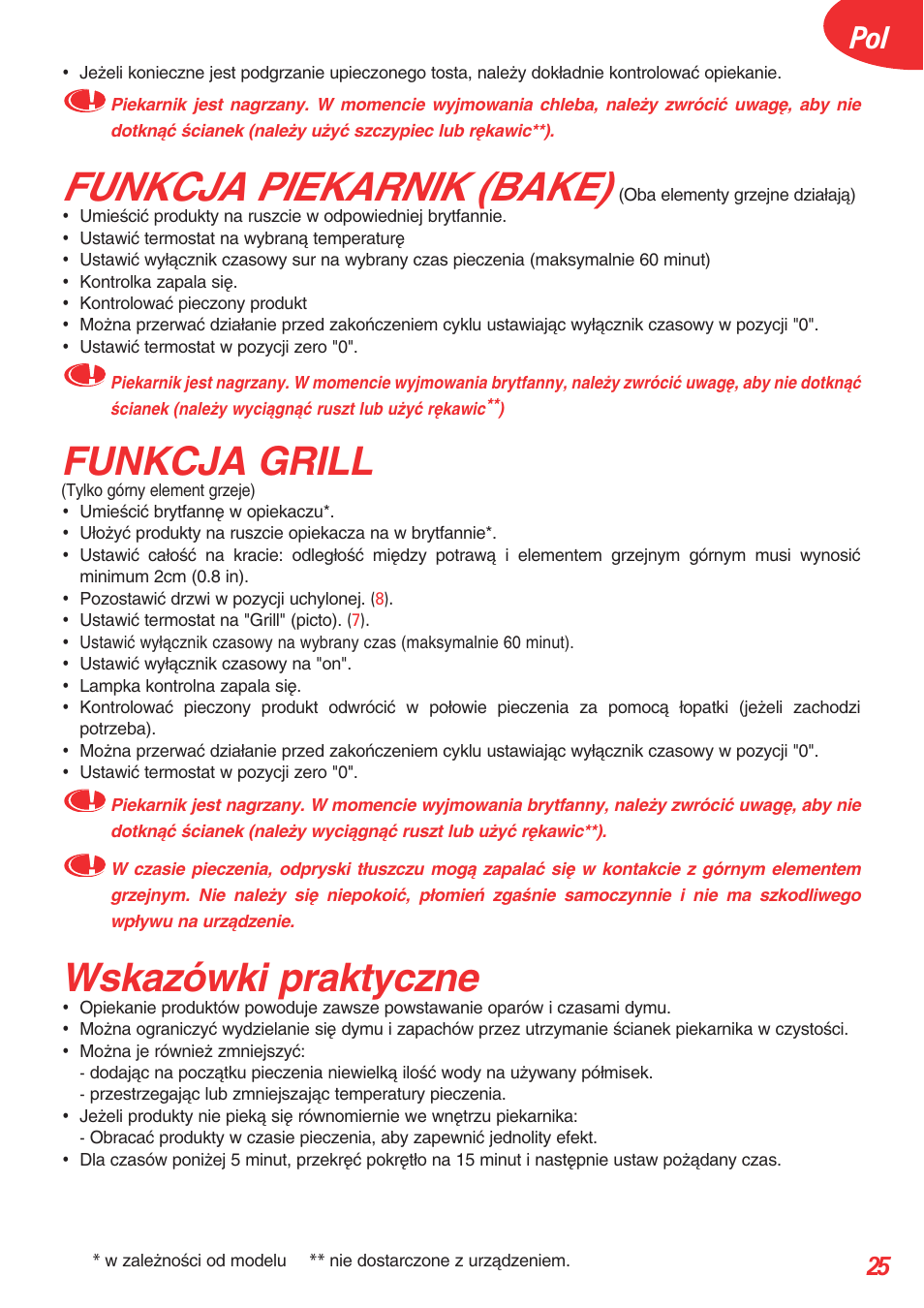 Funkcja piekarnik (bake), Funkcja grill, Wskazówki praktyczne | Tefal OT 208030 User Manual | Page 26 / 64
