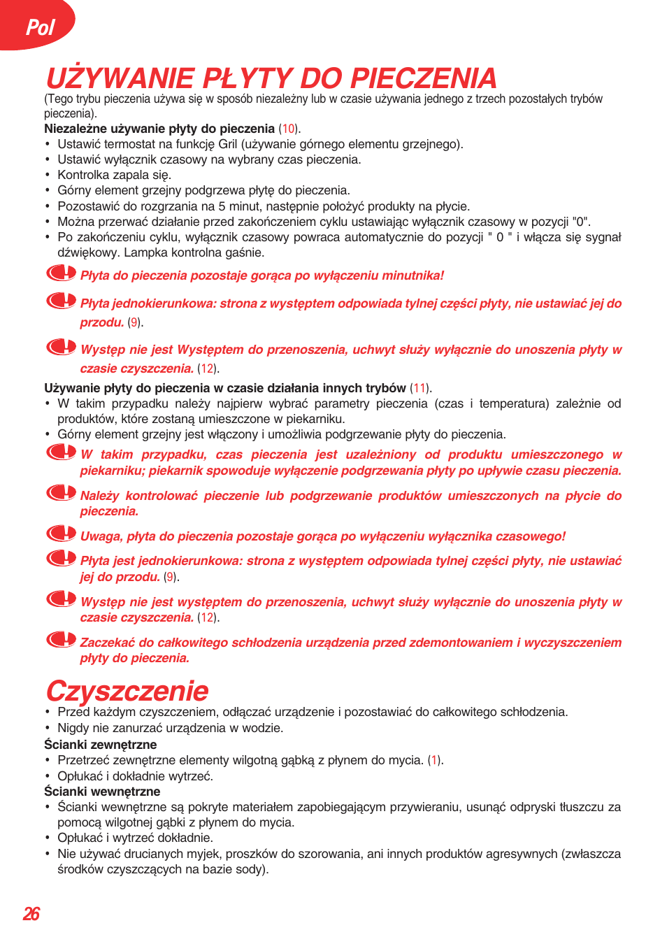 U˚ywanie p¸yty do pieczenia, Czyszczenie | Tefal OT 208030 User Manual | Page 27 / 64