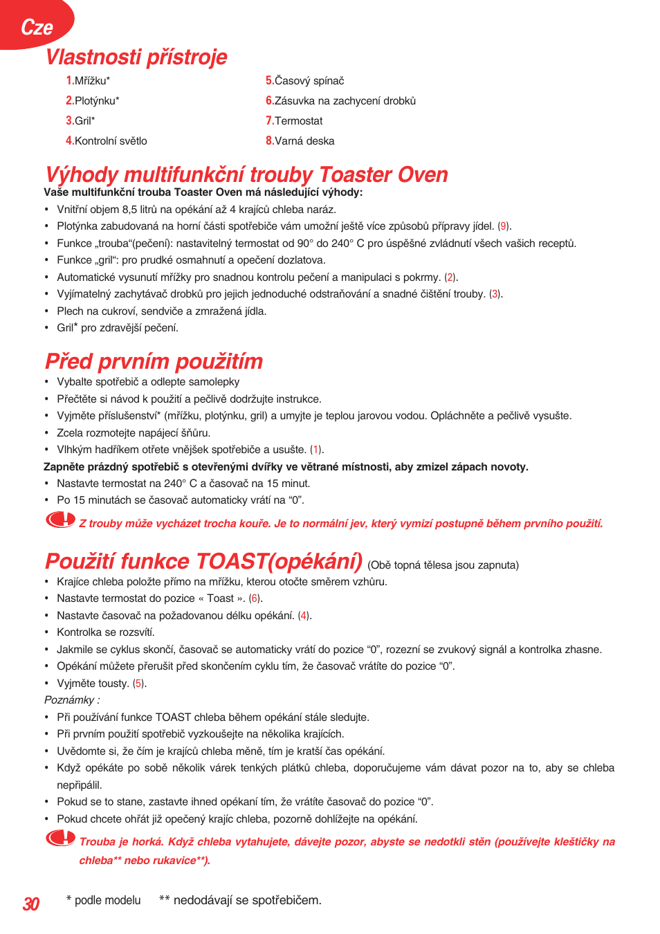Cze vlastnosti pﬁístroje, V˘hody multifunkãní trouby toaster oven, Pﬁed prvním pouïitím | Pouïití funkce toast(opékání) | Tefal OT 208030 User Manual | Page 31 / 64