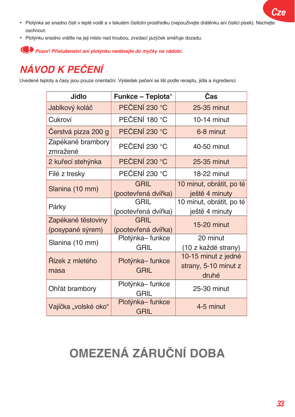 Omezená záruâní doba, Návod k peâení | Tefal OT 208030 User Manual | Page 34 / 64