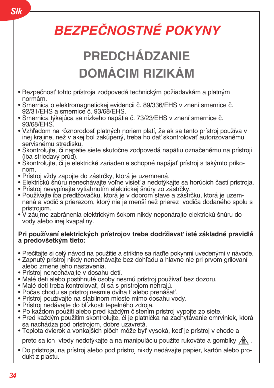 Bezpeânostné pokyny, Predchádzanie domácim rizikám | Tefal OT 208030 User Manual | Page 35 / 64