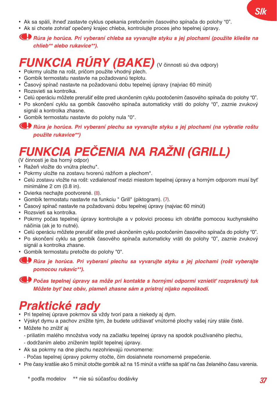 Funkcia rúry (bake), Funkcia peâenia na raîni (grill), Praktické rady | Tefal OT 208030 User Manual | Page 38 / 64