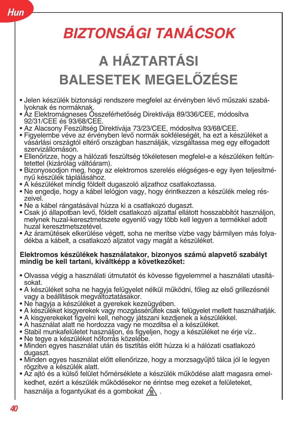 Biztonsági tanácsok, A háztartási balesetek megelãzése | Tefal OT 208030 User Manual | Page 41 / 64