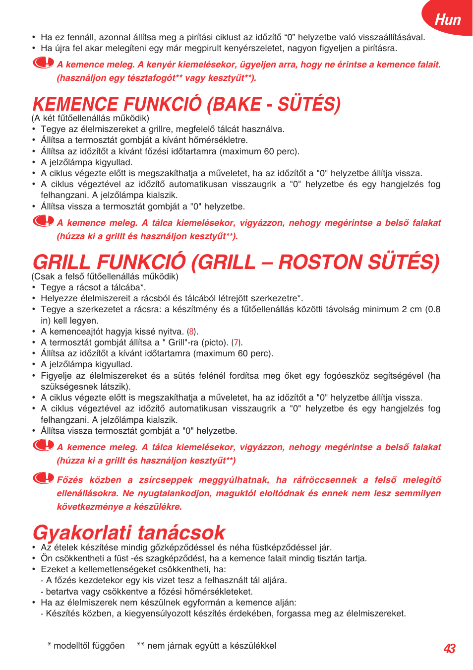 Grill funkció (grill – roston sütés), Gyakorlati tanácsok, Kemence funkció (bake - sütés) | Tefal OT 208030 User Manual | Page 44 / 64