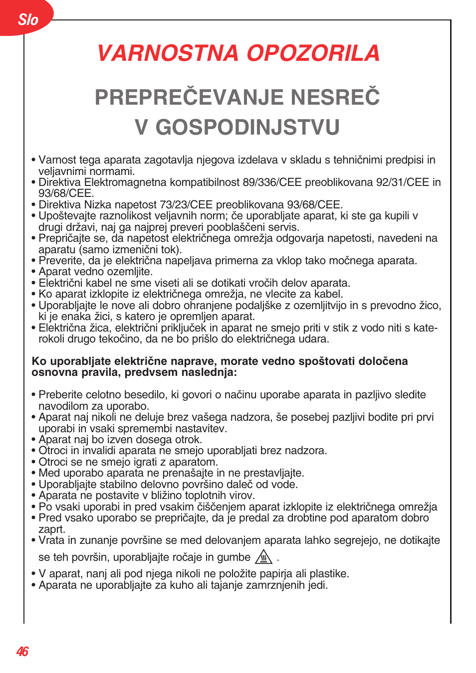 Varnostna opozorila, Prepreâevanje nesreâ v gospodinjstvu | Tefal OT 208030 User Manual | Page 47 / 64