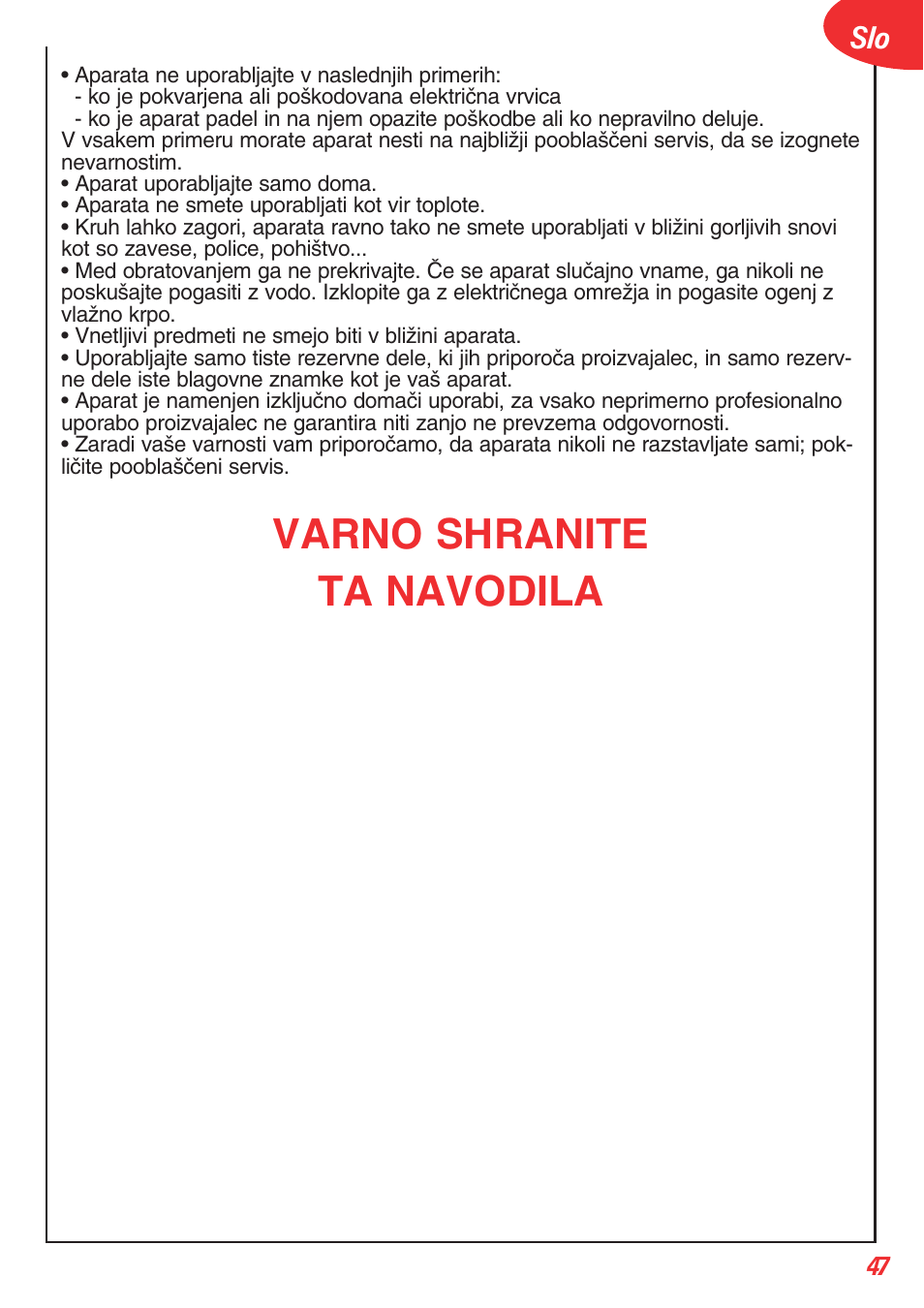 Varno shranite ta navodila | Tefal OT 208030 User Manual | Page 48 / 64