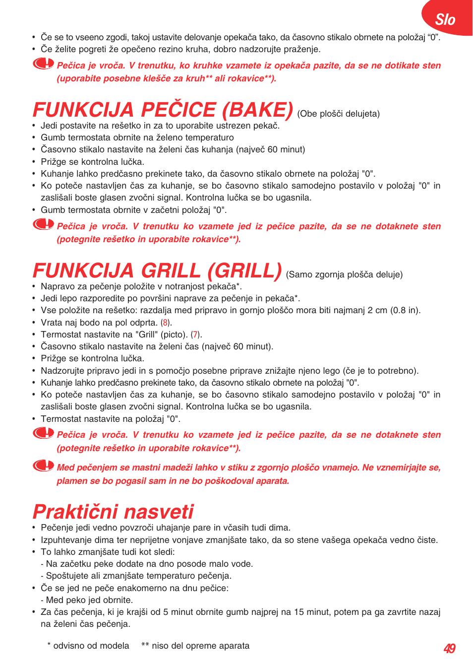 Funkcija peâice (bake), Funkcija grill (grill), Praktiãni nasveti | Tefal OT 208030 User Manual | Page 50 / 64