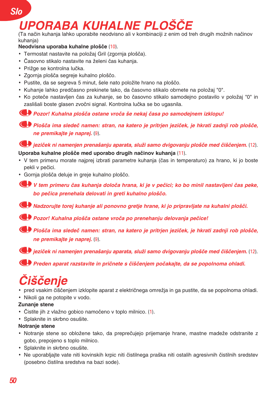 Uporaba kuhalne plo·âe, Âi‰ãenje | Tefal OT 208030 User Manual | Page 51 / 64