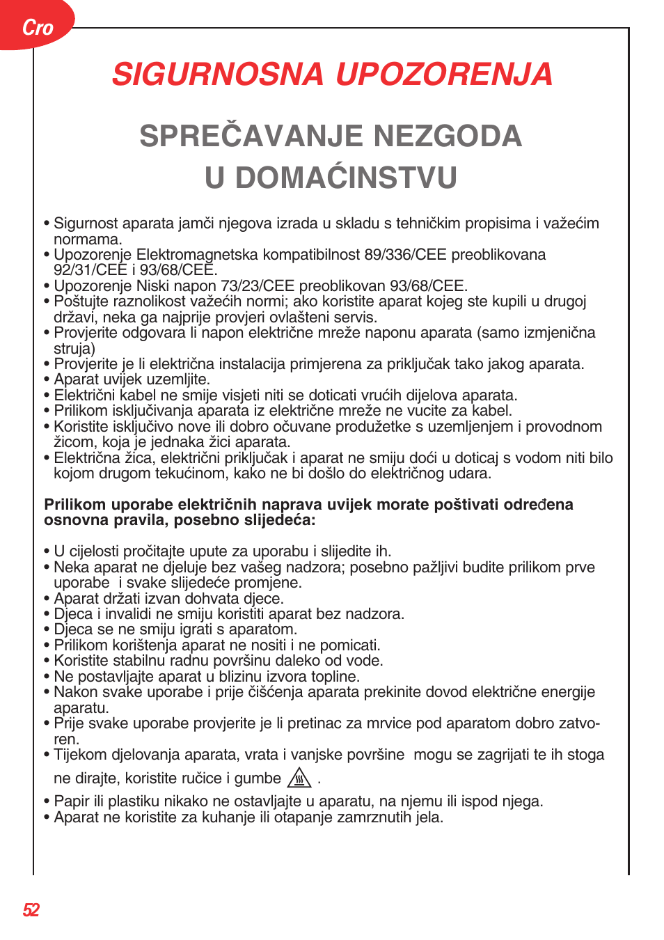 Sigurnosna upozorenja, Spreâavanje nezgoda u domaåinstvu | Tefal OT 208030 User Manual | Page 53 / 64