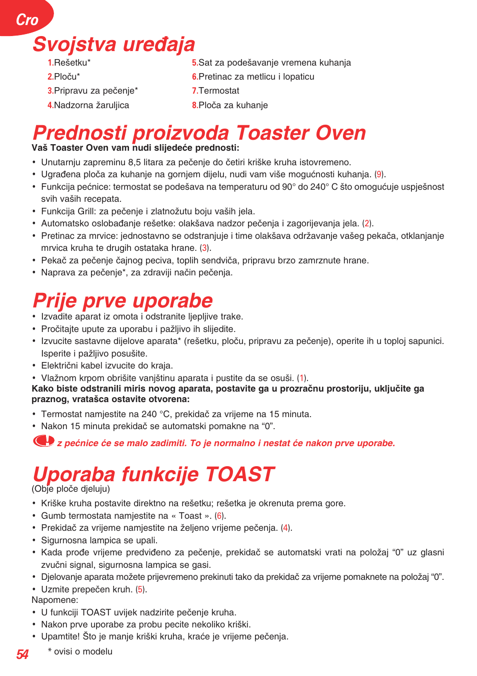 Svojstva ure |aja, Prednosti proizvoda toaster oven, Prije prve uporabe | Uporaba funkcije toast | Tefal OT 208030 User Manual | Page 55 / 64