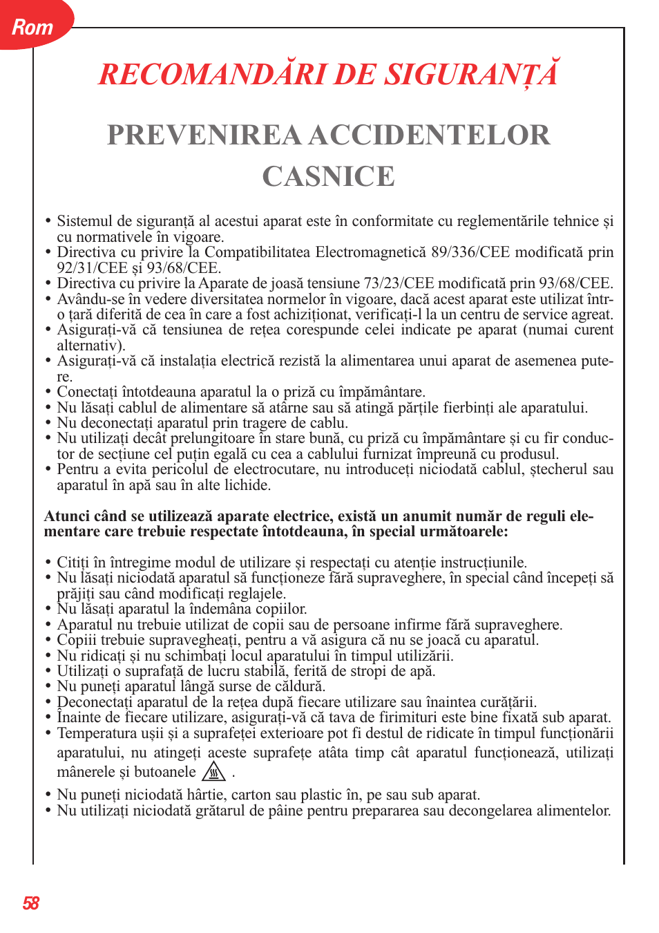 Recomandãri de siguran, Prevenirea accidentelor casnice | Tefal OT 208030 User Manual | Page 59 / 64