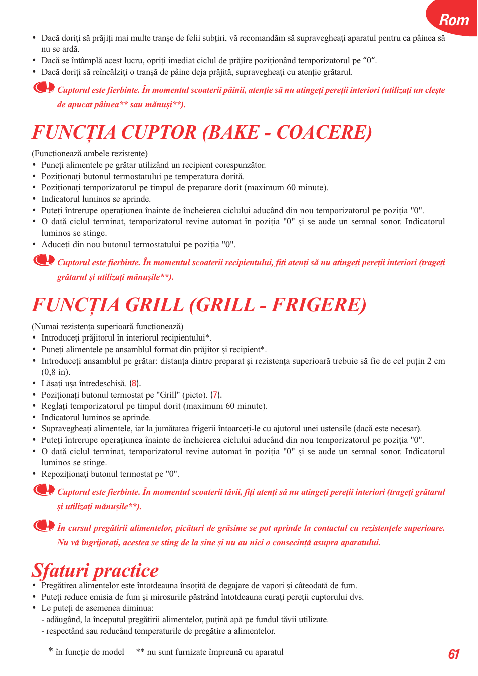 Funcþia cuptor (bake - coacere), Funcþia grill (grill - frigere), Sfaturi practice | Tefal OT 208030 User Manual | Page 62 / 64