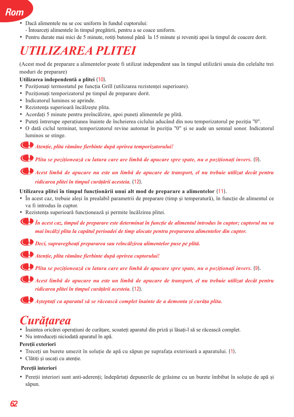 Utilizarea plitei, Curãþarea | Tefal OT 208030 User Manual | Page 63 / 64