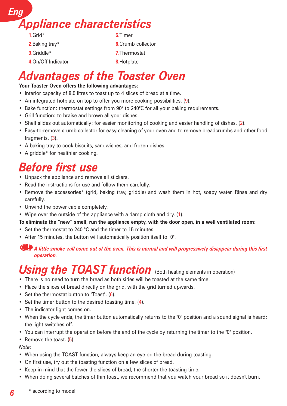 Appliance characteristics, Advantages of the toaster oven, Before first use | Using the toast function | Tefal OT 208030 User Manual | Page 7 / 64