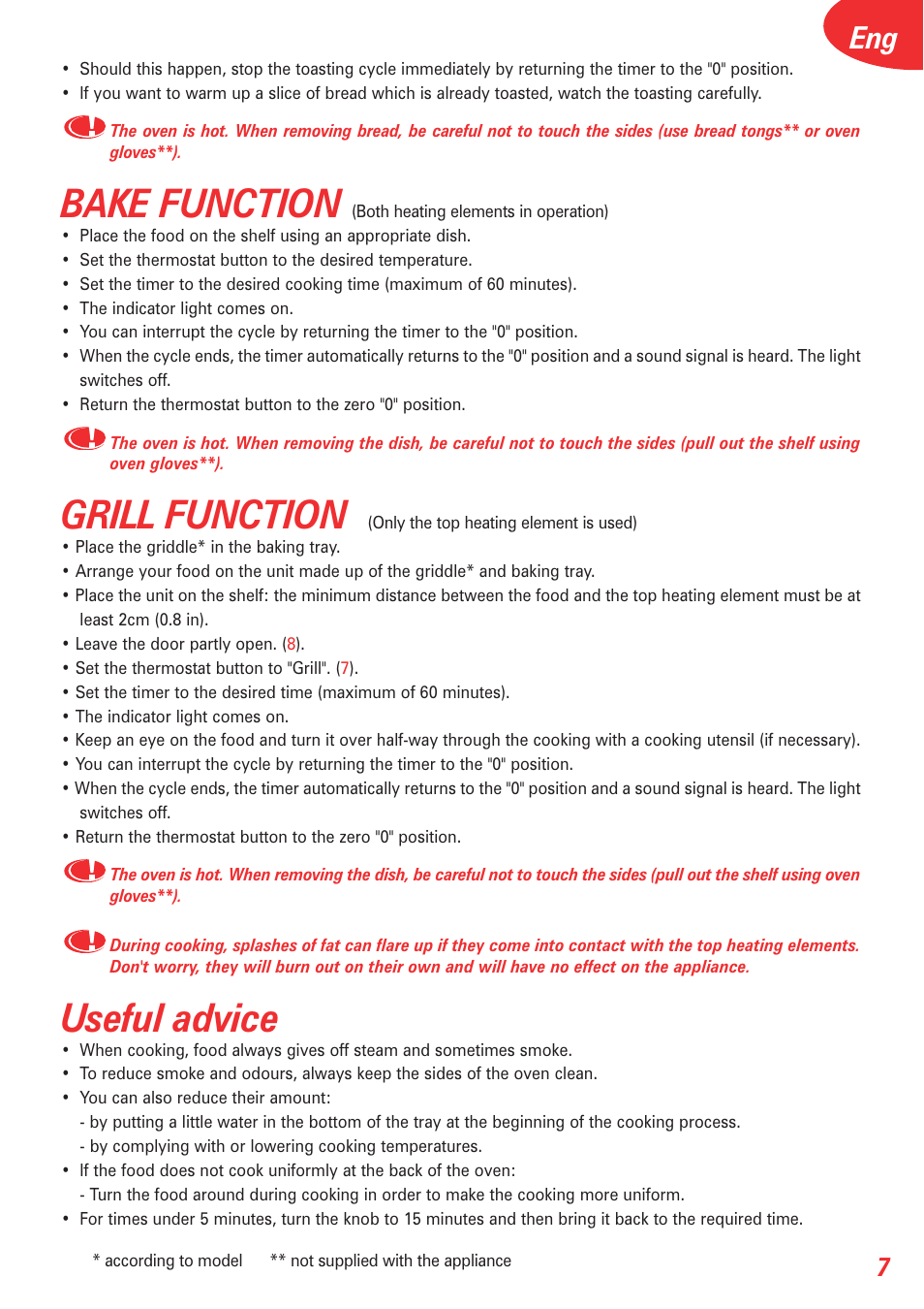 Bake function, Grill function, Useful advice | Tefal OT 208030 User Manual | Page 8 / 64