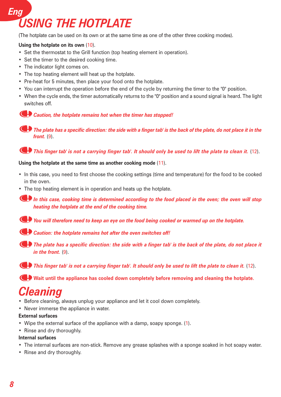 Using the hotplate, Cleaning | Tefal OT 208030 User Manual | Page 9 / 64