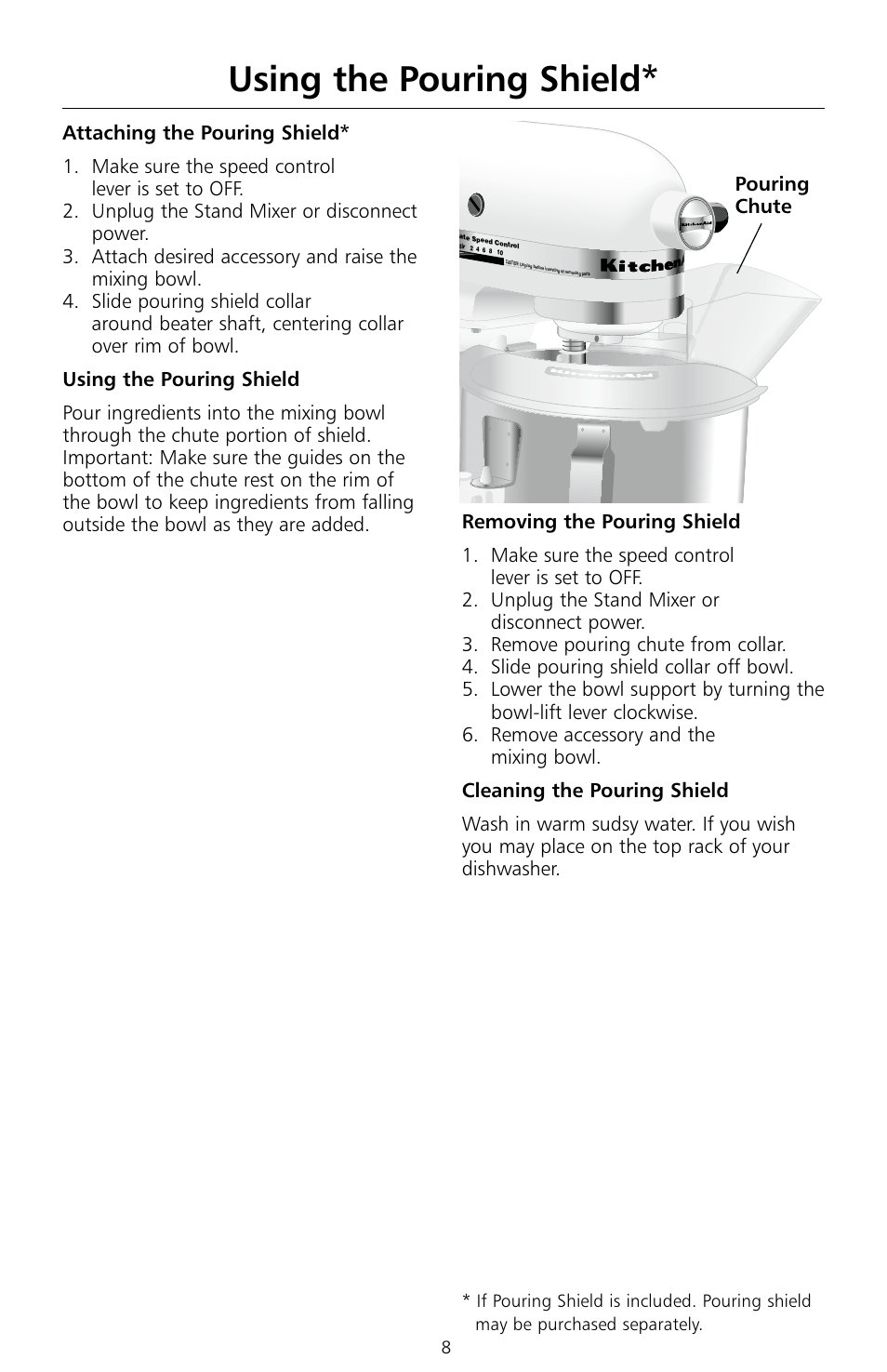 Using the pouring shield | KITCHENAID KSMc50 User Manual | Page 10 / 70