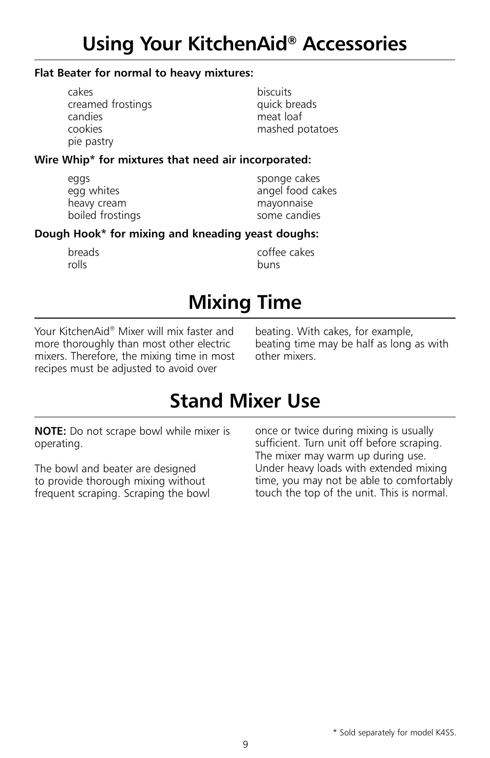 Using your kitchenaid, Accessories, Mixing time | Stand mixer use | KITCHENAID KSMc50 User Manual | Page 11 / 70