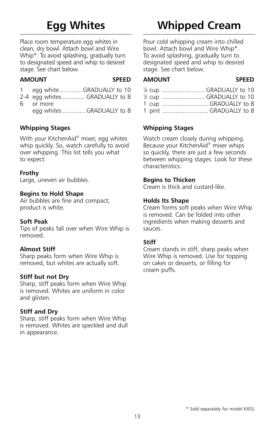 Egg whites, Whipped cream | KITCHENAID KSMc50 User Manual | Page 15 / 70
